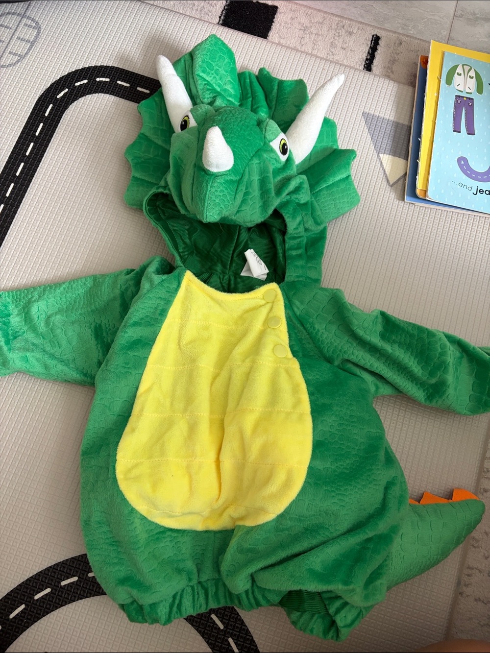 Green Triceratops Toddler Costume with Yellow Belly 6-12months